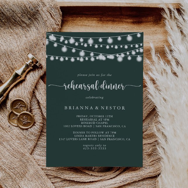 Rustic String Lights Green Rehearsal Dinner   Invitation (Creator Uploaded)