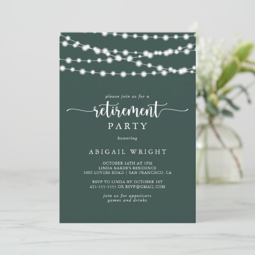 Rustic String Lights Green Retirement Party  Invitation
