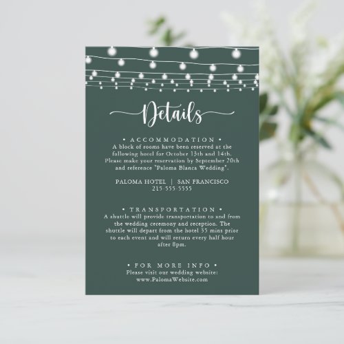 Rustic String Lights Green Wedding Details  Enclosure Card