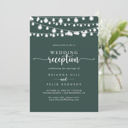 Rustic String Lights Green Wedding Reception   Invitation