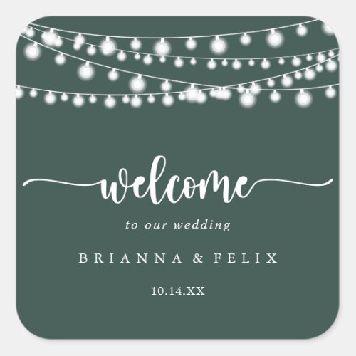 Rustic String Lights Green Wedding Welcome   Square Sticker