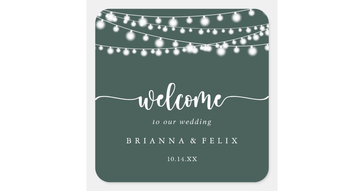 Rustic String Lights Green Wedding Welcome Square Sticker | Zazzle