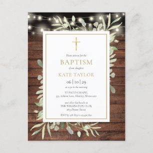 Rustic String Lights Greenery Baptism Invitation Postcard