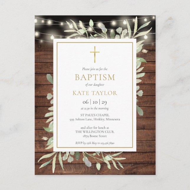 Rustic String Lights Greenery Baptism Invitation Postcard (Front)