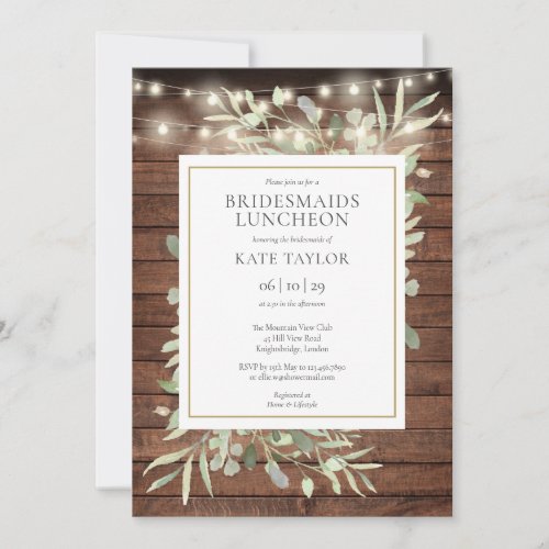 Rustic String Lights Greenery Bridesmaids Luncheon Invitation