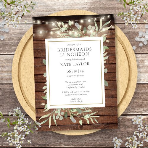 Rustic String Lights Greenery Bridesmaids Luncheon Invitation