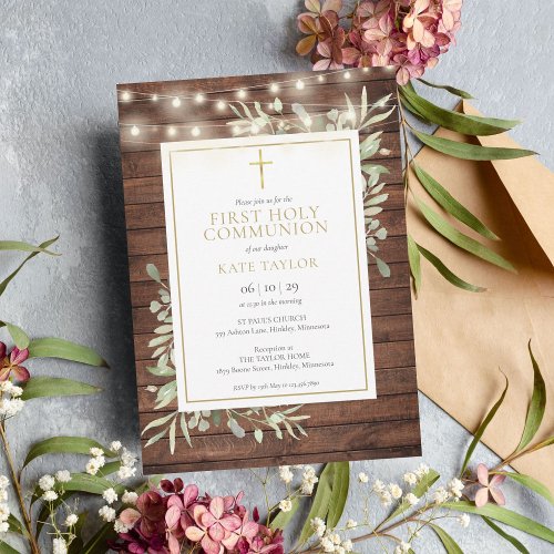Rustic String Lights Greenery First Holy Communion Invitation