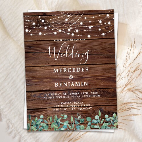 Rustic String Lights Greenery QR Code Wood Wedding Invitation Postcard