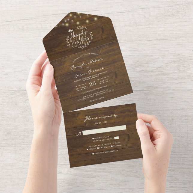 Rustic String Lights Happily Ever After Wedding All In One Invitation (Tearaway)