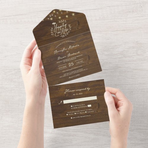 Rustic String Lights Happily Ever After Wedding All In One Invitation