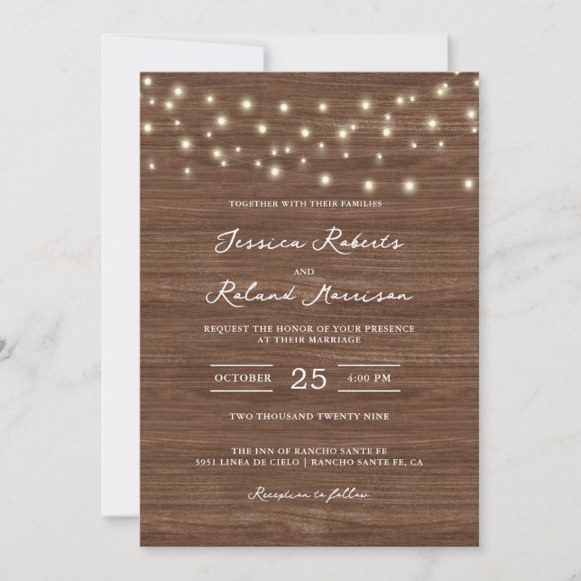 Rustic String Lights Happily Ever After Wedding Invitation (Front)