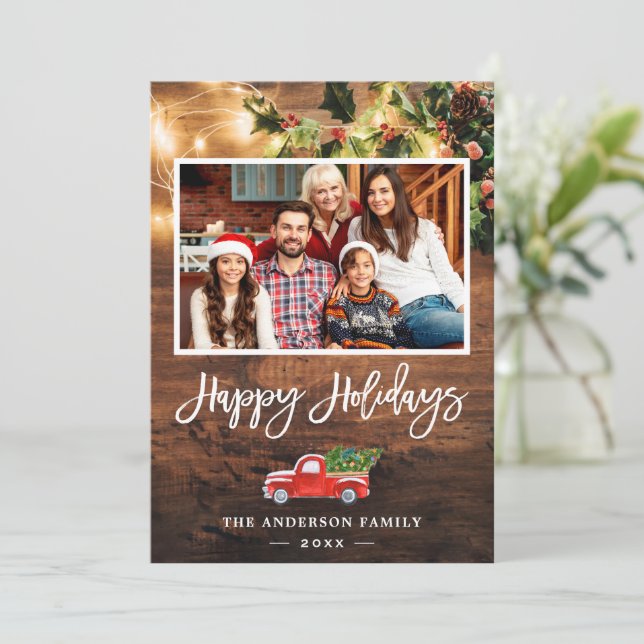 Rustic String Lights Happy Holidays Script Photo Holiday Card (Standing Front)