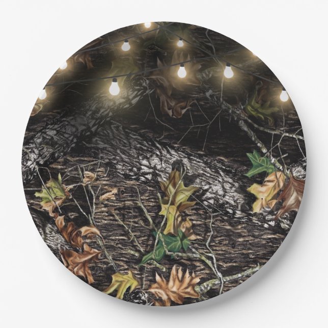 Rustic + String Lights Hunting Camo Party Plates (Front)