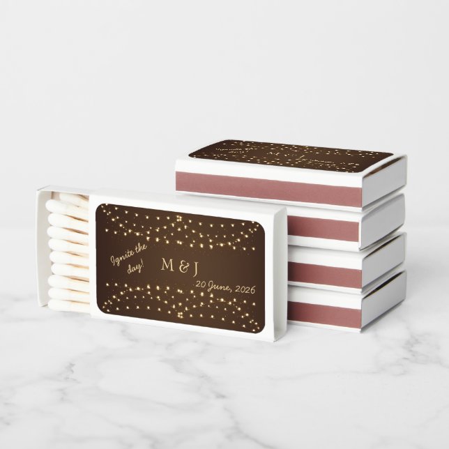 Rustic String Lights Ignite the Day Wedding Matchboxes (Stacked)