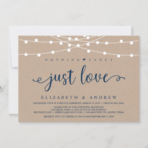 Rustic String Lights Kraft Navy Blue Elopement Invitation