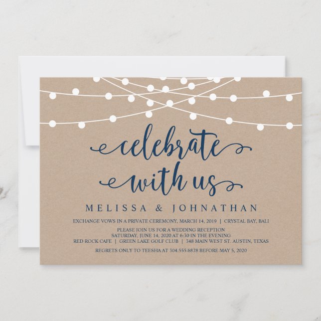 Rustic String Lights, Kraft Navy Blue, Elopement Invitation (Front)