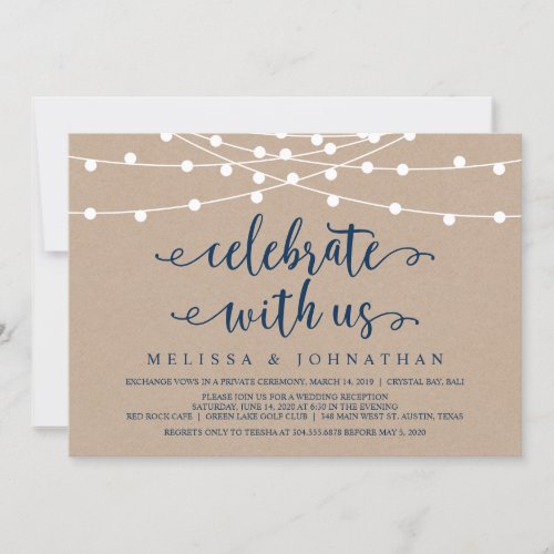 Rustic String Lights Kraft Navy Blue Elopement Invitation