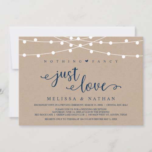 Rustic String Lights Kraft Navy Blue Elopement Invitation