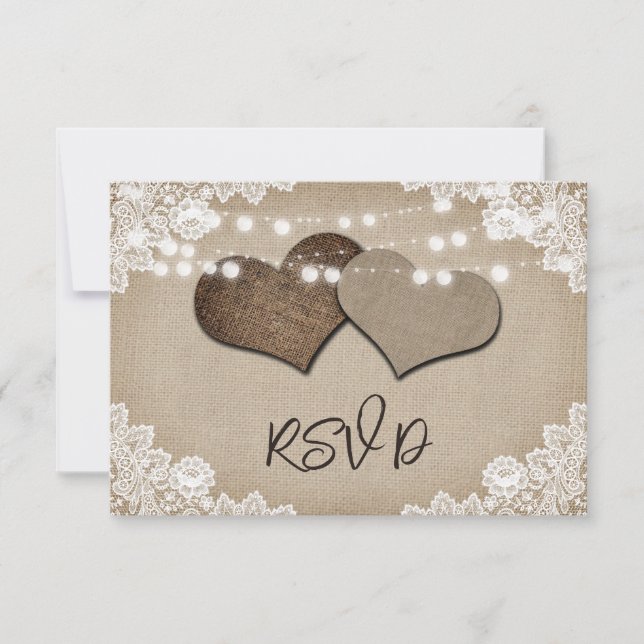 Rustic String Lights Lace Burlap Hearts Wedding RSVP Card (Front)