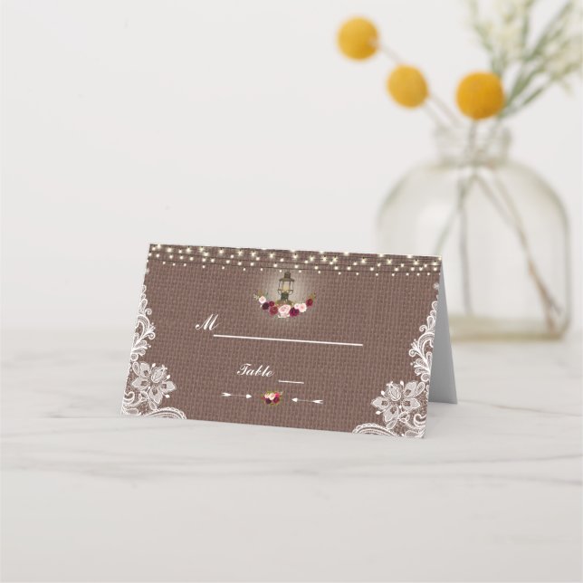 Rustic String Lights Lace Burlap Table Number Place Card (Back)