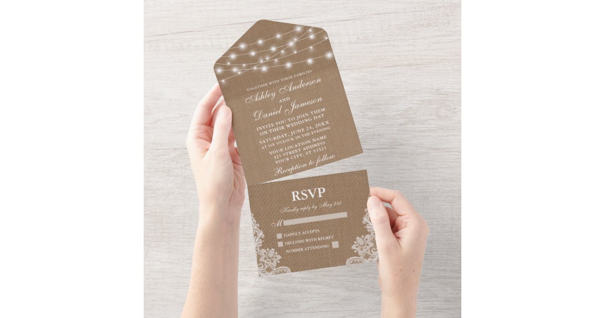 Rustic String Lights Lace Burlap Wedding All In One Invitation | Zazzle