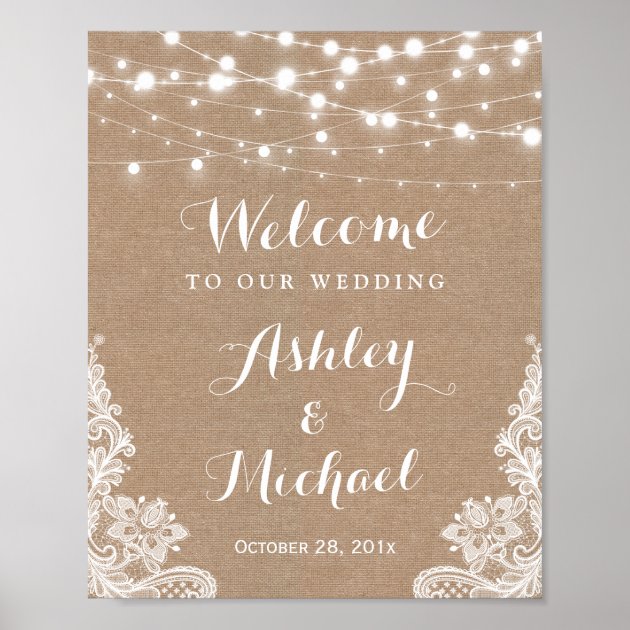 Rustic String Lights Lace Burlap Wedding Sign Poster