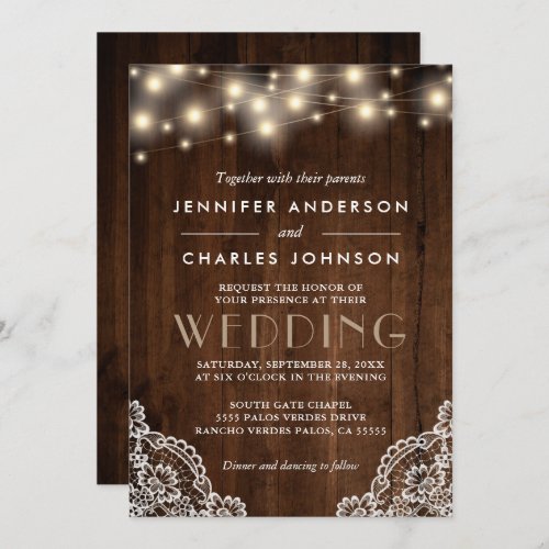 Rustic String Lights Lace Detail Wood Wedding Invitation