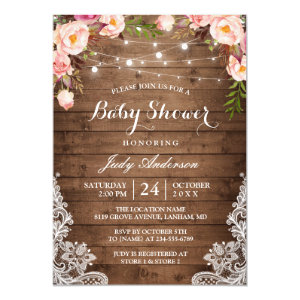 Rustic String Lights Lace Floral Baby Shower Card