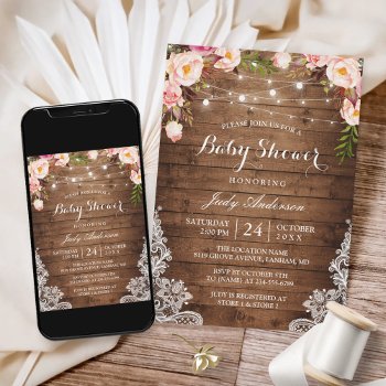 Rustic String Lights Lace Floral Baby Shower Invitation by CardHunter at Zazzle