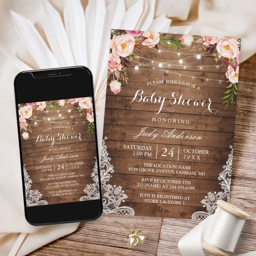 Rustic String Lights Lace Floral Baby Shower Invitation
