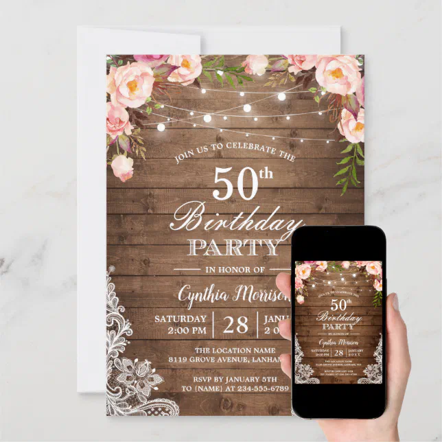 Rustic String Lights Lace Floral Birthday Party Invitation 