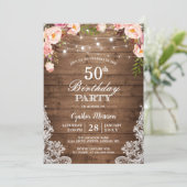 Rustic String Lights Lace Floral Birthday Party Invitation (Standing Front)