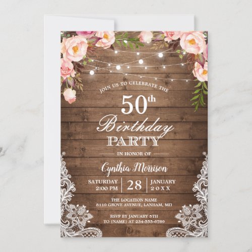 Rustic String Lights Lace Floral Birthday Party Invitation