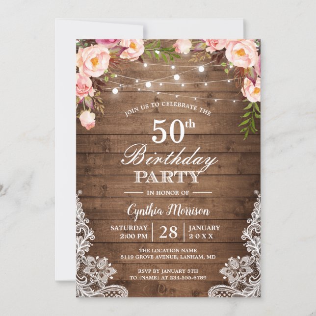 Rustic String Lights Lace Floral Birthday Party Invitation (Front)