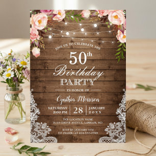 Rustic String Lights Lace Floral Birthday Party Invitation