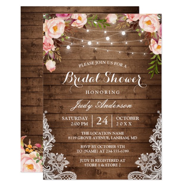 Rustic String Lights Lace Floral Bridal Shower Invitation