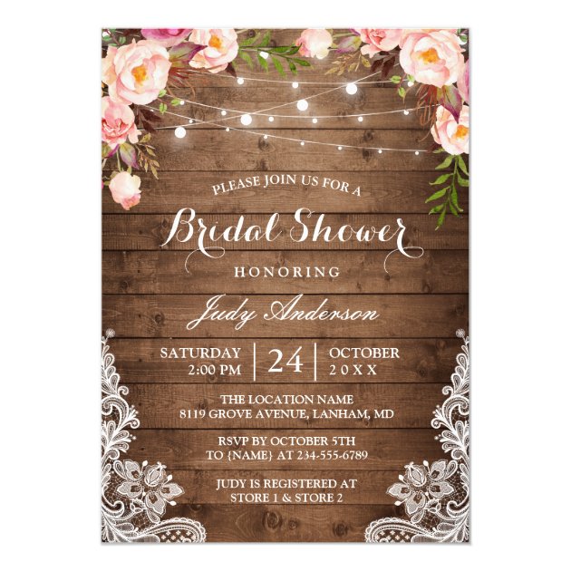 Rustic String Lights Lace Floral Bridal Shower Card (front side)