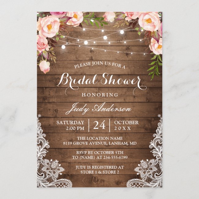 Rustic String Lights Lace Floral Bridal Shower Invitation