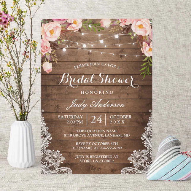 Rustic String Lights Lace Floral Bridal Shower Invitation | Zazzle