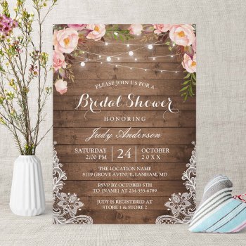 Rustic String Lights Lace Floral Bridal Shower Invitation by CardHunter at Zazzle