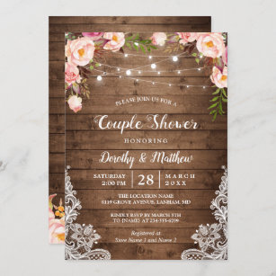 Rustic String Lights Lace Floral Couple's Shower Invitation