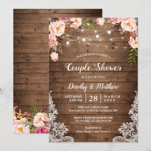 Rustic String Lights Lace Floral Couple's Shower Card