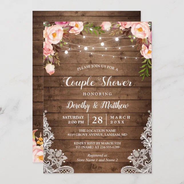 Rustic String Lights Lace Floral Couple's Shower Invitation | Zazzle