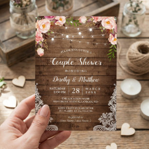 Rustic String Lights Lace Floral Couple's Shower Invitation