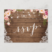 Rustic String Lights Lace Floral Farm Wedding RSVP Invitation Postcard