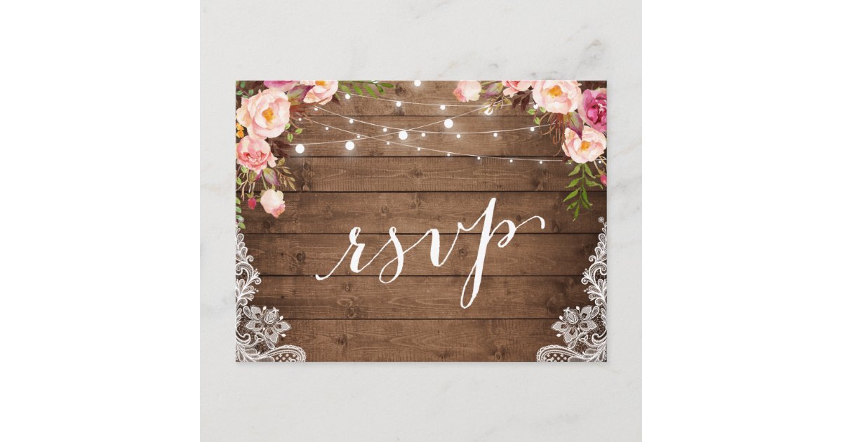 Rustic String Lights Lace Floral Farm Wedding RSVP Invitation Postcard | Zazzle.com