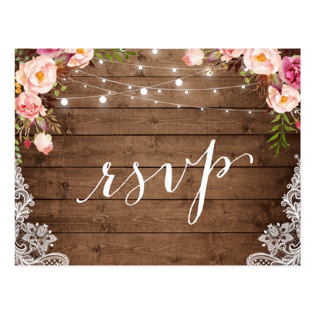 Rustic String Lights Lace Floral Farm Wedding RSVP Postcard