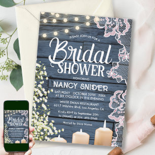 Rustic String Lights & Lace Navy Blue Bridal Invitation