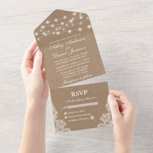 Rustic String Lights Lace Wedding Kraft All In One Invitation