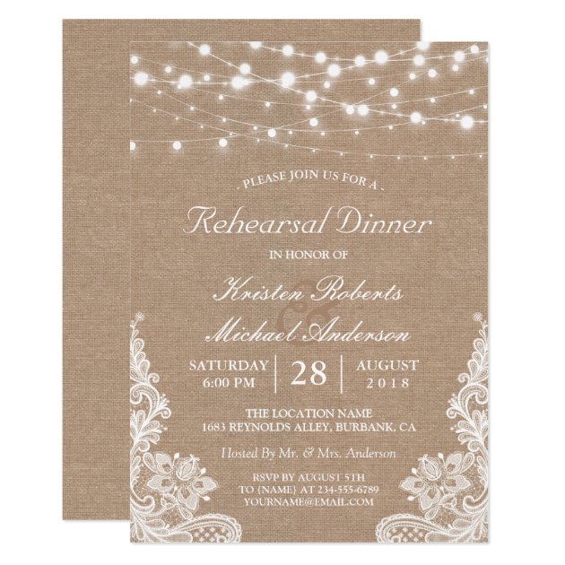Rustic String Lights Lace Wedding Rehearsal Dinner Invitation